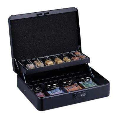 Image de Relaxdays Caisse à Monnaie, Pratique, Combinaison 3 Chiffres, en Fer, H x L P : 8,5 30,5 25 cm, Noire