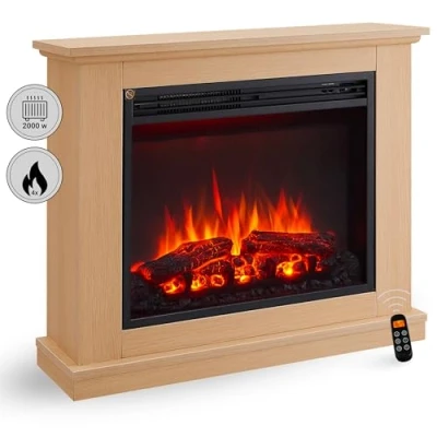 Image de CrownFlame Cheminée électrique Phanos Foyer sur Pieds avec Effet de Flammes 3D Chauffage 2000W, éclairage LED Sol télécommande, minuteur &amp; Thermostat Marron Clair