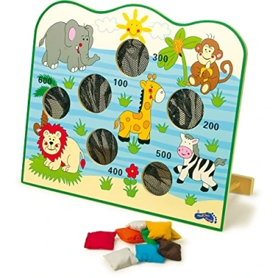 Image de small foot 7730 Stand de lancer «Afrique» en bois, avec sacs peinture colorés, 6 trous et motifs animaux, à partir 3 ans