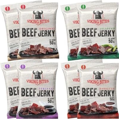 Image de Viking Bites Beef Jerky Mixed box 400 g (8 x 50g) 2x Original, Jalapeno, Barbecue, Teriyaki Bœuf séché en cas à base de viande riche protéines
