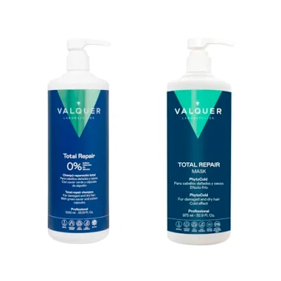 Image de Valquer Profesional Pack Shampooing + Masque Total Repair Effet Glace (1L, 2 Unité). sans sel, silicone et sulfate. Cheveux abîmés secs.
