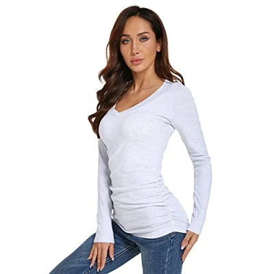 Image de AmélieBoutik Haut à manches longues raglan et col en V pour femme, gris clair, Taille S