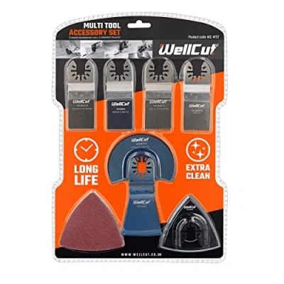 Image de Jeu de lames multi outils oscillantes universelles à dégagement rapide, 17 pièces, ensemble d&#039;accessoires en bois, métal et plastique, compatibles avec les multifonctions oscillants, WELLCUT