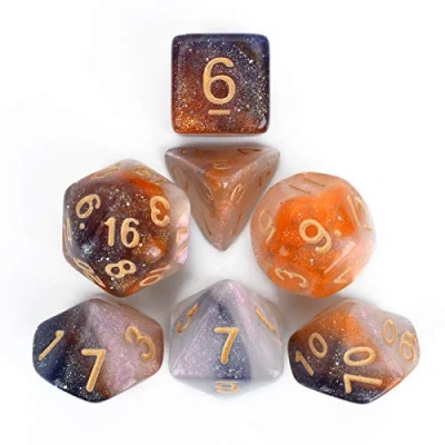 Image de FLASHOWL Ensemble de dés Tricolore Starry Sky, du MDN pour Jeux rôle, Jeu Table, polyédral (7 pièces, café Blanc Orange)