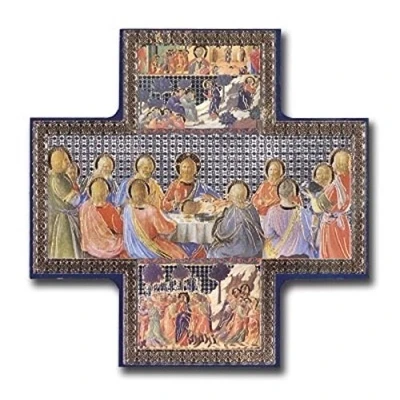 Image de Image en forme de croix représentant la Cène Peinture métallisée dorée et argentée Icône à suspendre au mur 15,2 x cm Jésus ses disciples