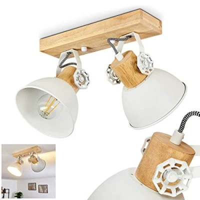 Image de hofstein Plafonnier Orny en bois et métal blanc, 2 spots de plafond orientables, luminaire rétro, style industriel, pour ampoules E27, ampoule(s) non incluse(s)