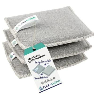 Image de ELEXACLEAN Lot de 3 éponges Nettoyage (12 x 10 cm Gris Clair) Lavables et réutilisables, pour Les casseroles, la Vaisselle Couverts