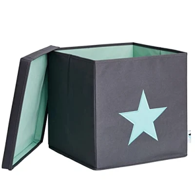 Image de LOVE IT STORE Cube De Rangement avec Couvercle, Tissu Ultra Résistant, Renforcement Bois, Compatible Kallax, 33x33x33cm, Gris Étoile Verte