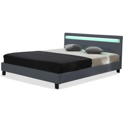 Image de Habitat et Jardin Lit Double Maria en Simili Gris avec LED Intégrées 160 x 200 cm Cadre de 2 Places Design Sommier à Lattes Inclus