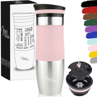 Image de Milu Mug Isotherme Etanche 370ml 450ml Thermos café thé I Tasse Isolée pour et à emporter, Double Paroi sous Vide, Acier Inoxydable de voyage Chaud &amp; froid (450ml, Rose)