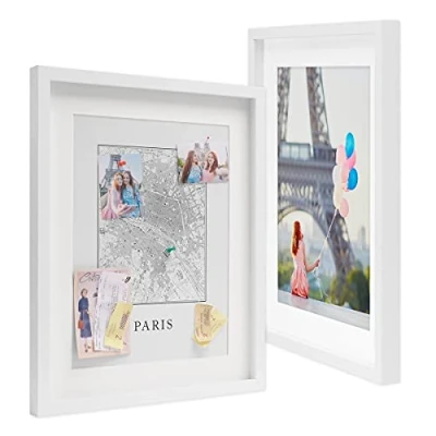 Image de PHOTOLINI Cadre Photo 3D à remplir 40 x 50 cm Blanc, Set de 2 Cadres boîte Profond avec Passe Partout, pour Objets jusqu&#039;à 1,5 cm, Bois MDF, Verre Les Loisirs créatifs &amp; comme Cadeau