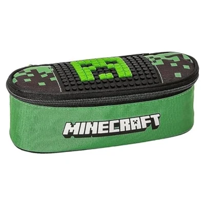 Image de Minecraft Trousse d&#039;école ovale organisée, avec séparateurs internes et passants élastiques porte papeterie à crayons pour enfant idéale moyennes élémentaires, noir/vert 22 x 7