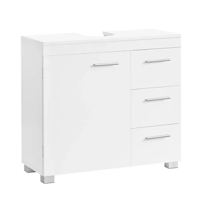 Image de VASAGLE Meuble sous Lavabo, de Salle Bain, 3 Tiroirs Latéraux, 2 Compartiments Derrière la Porte, avec Pieds, 30 x 70 64 cm, Blanc Nuage BBK503W10