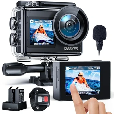 Image de iZEEKER Camera Sport 4k 24MP, Étanché 40M, Camescope avec EIS,Double écran Appareil Photo sous Marin, WiFi, Vlog Camera, 2X1350mAh Batteries, Télécommande Micro Externe, Kit d&#039;Accessoires