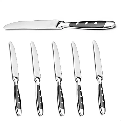 Image de Kerafactum Lot de 6 couteaux table en acier inoxydable avec lame scie Couteau à viande poignées noires Style maison campagne Bistro Set extensible Meat Knife