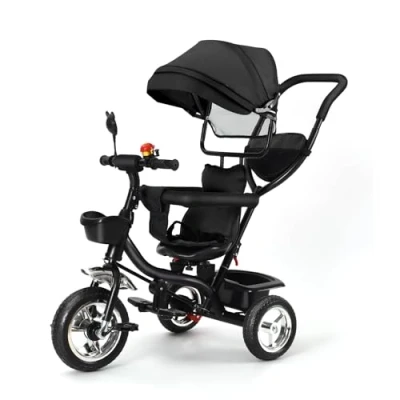 Image de OHMG Tricycle 4 en 1, pour Enfants à partir de 1 5 Ans, avec Toit Pare Soleil Amovible, Barre poussée, Tricycle, Jogger, fenêtre Toit, Ceintures sécurité, pédale, siège Rotatif (Noir)