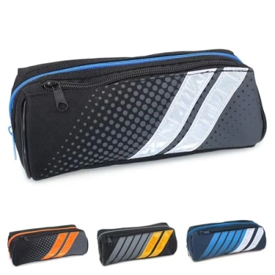 Image de trousse à crayons tendance pour garçons et adolescents Grande de sport 2 compartiments Noir / Bleu Orange Jaune Avec bandes réfléchissantes, , blanc