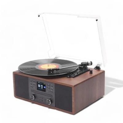 Image de Steepletone Austin Centre de musique avec lecteur disque vinyle, CD, radio DAB+, Internet et codage MP3 USB/SD Encodage MP3, Bluetooth, AUX, télécommande complète Effet bois