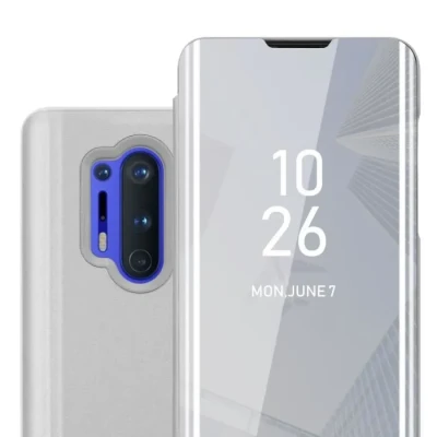 Image de cadorabo Coque Compatible avec OnePlus 8 Pro en Agate Argent Miroir Clear View Pochette de Protection Fonction Support à 360 Degrés Style Livre Ultra Slim Case