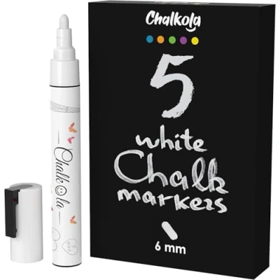 Image de Chalkola Stylos Blancs Lot de 5 Marqueurs Craie Effaçable avec Pointe Réversible 6mm Aimé par Enseignants, Artistes et Entreprises