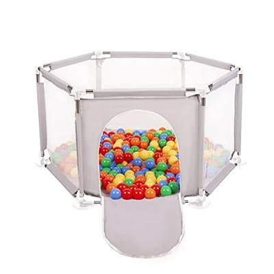 Image de Selonis Parc Bébé Hexagonal Pliable Avec 100 Balles Plastiques, Gris:Jaune/Vert/Bleu/Rouge/Orange