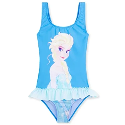 Image de Disney Maillot de Bain Fille, 1 Pièce Maillots Fille à Volant Ensemble (Bleu Elsa, 3 4 Ans)