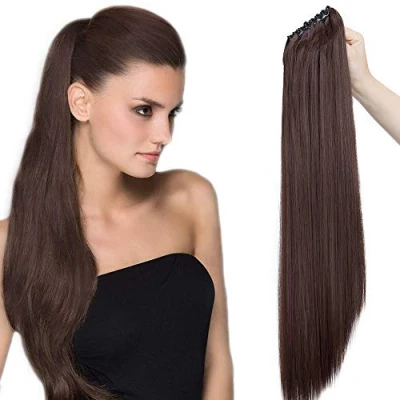 Image de SEGO Extension Queue de Cheval Fausse Ponytail Cheveux Fibre Meche Postiche Synthetique Raide [Pince A Griffes] 53 CM Marron Chocolat 21 pouce