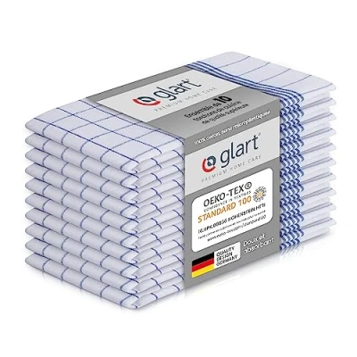 Image de Glart 48KB2 Lot de 10 torchons cuisine, 50x70 cm, 100% coton certifié OEKO TEX, à carreaux bleus, prélavés