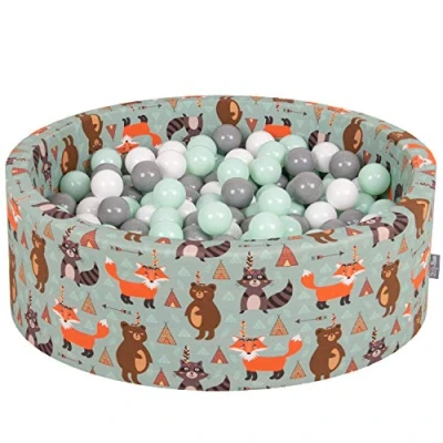Image de KiddyMoon Piscine À Balles pour Bébé Rond 90X30cm/200 7Cm Fosses Boules Jouet Enfant, Renard Vert: Blanc/Gris/Menthe