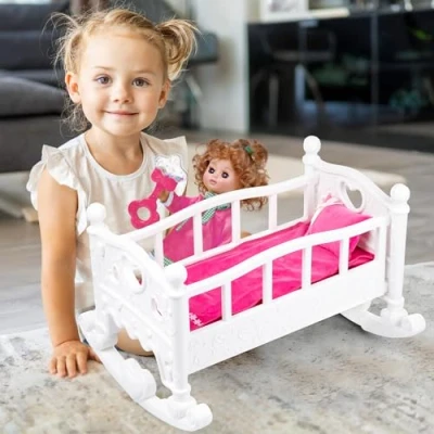 Image de Kinderplay Lit pour poupée avec Mouvement de Balancement et Ensemble literie Parfait Le Jeu rôle Les Soins aux poupées Poupon Poupee, KP6688