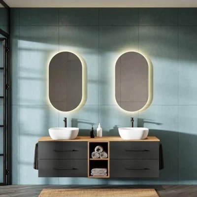 Image de Planetmöbel Lux Ensemble de meubles salle bain avec lavabo 170 cm, 2 lavabos à poser 42 cm blanc, miroirs 50 (sans LED), chêne doré/anthracite