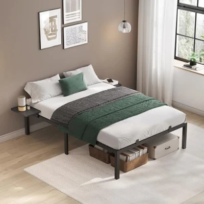 Image de VASAGLE Lit Double, 2 Personnes, Cadre de en Métal avec Étagères Rangement, Adolescent, Adapté pour Matelas 140 x 200 cm, Montage Facile, Noir Classique RMB094B01
