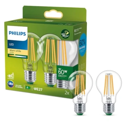 Image de Philips, ampoule LED Ultra Efficient classe A, culot E27, transparente, équivalent 60W, blanc chaud 2700K, verre, lot de 2