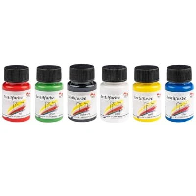 Image de ideen mit herz Lot de peintures textile permanent 6 x 25 ml Haute pigmentation pour tissus clairs et foncés Lavables Idéal les enfants (blanc, noir, bleu, vert, jaune, rouge)