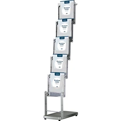 Image de EUROPEL Porte brochure sur pied, format 5 x A4, structure en aluminium pliable, bacs acrylique transparent, socle MDF 18mm, présentation 1 côté, avec sac de rangement ou transport