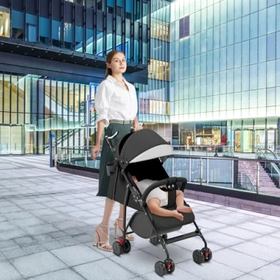 Image de Poussette Canne Bébé Ultra Légère, Compacte, Pliable et Inclinable de la Naissance à 25 kg, avec Système Trolley, Housse Pluie Incluse, CapoteExtensibleA noir