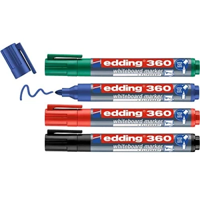 Image de edding 360 Marqueur pour tableaux blancs multi couleur étui de 4 stylos pointe ronde 1,5 3 mm feutre effaçable blanc, magnétique, mémo et chevalet conférence rechargeable