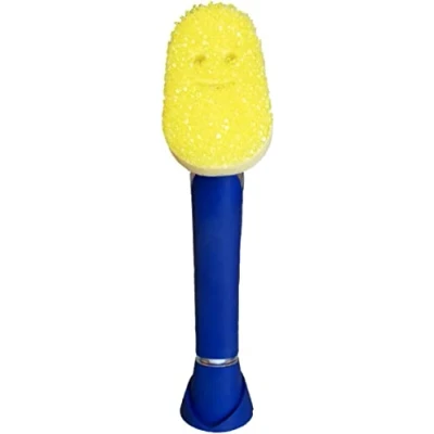 Image de Scrub Daddy Dish Brosse Vaisselle avec Reservoir, Eponge Grattante FlexTexture, Manche Intégré Distributeur Liquide Vaisselle, et Stand de Support Bleu