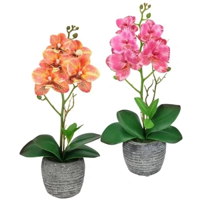 Image de Lot de 2 Fleurs artificielles Papillon Orchidée avec Feuilles dans Un Pot 35 cm Artificielle Phalaenopsis Décoration Mariage Fleur en Soie Toucher réel Orange/Rose