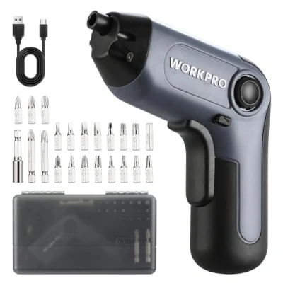 Image de WORKPRO Perceuse Visseuse Sans Fil 6Nm 3,6V, Devisseuse Excentrique avec 21 Embouts, Barre d&#039;Extension, Batterie 2000 mAh, Lumière LED, Câble USB C, Boîte de Rangement, pour Bricolage, Gris