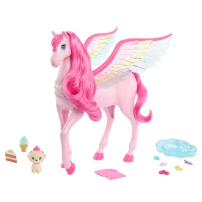 Image de Barbie Pégase Magique Rose Aux Ailes Multicolores Scintillantes, avec Sons Et Lumières, 10 Accessoires Inclus Dont Chiot Surprise Ailée Magique, Jouet Enfant, A Partir De 3 Ans, HLC41