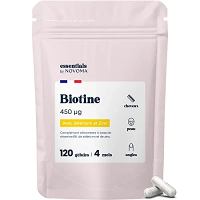 Image de Biotine avec Sélénium et Zinc, Accélère la Pousse des Cheveux, Cure de 4 mois, 120 Gélules Végétales, Complément Alimentaire Vitamine B8, Fabriqué en France, Essentials by Novoma