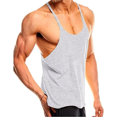 Image de Musclealive Mens Gym Stringer Singlet Hommes la motion Gilet de 1cm Sangle Stretchy Coton, Pln Gris, S
