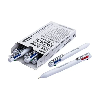 Image de Pentel iZee BXC470 W, Lot de 12 Stylos bille 4 couleurs encre à faible viscosité noir, rouge, bleu, vert, pointe large 1 mm, corps blanc