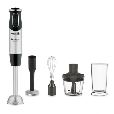 Image de Moulinex Pied mixeur, 1000 W, 10 vitesses, métal, Accessoires hachoir, Fouet et presse purée, Quickchef 4 en 1 DD65H810, Noir/Inox