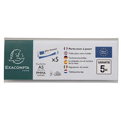 Image de Exacompta Réf. 85358D 1 Lot de 5 porte noms (A5 plié) horizontal Office Dimensions 210 x 75 mm PMMA (acrylique) table, affichage, réception, bureau, magasin, restaurants Couleur Cristal