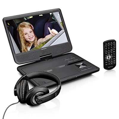 Image de Lenco DVP 1010BK lecteur de DVD portable 10 pouces avec casque et fixation à l&#039;appui tête batterie intégrée entrée USB carte SD noir