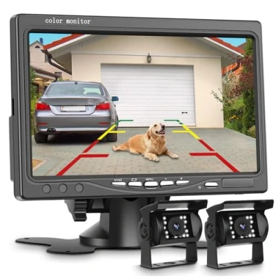 Image de podofo Moniteur, Véhicule TV 7 Pouces Écran LCD + 2 x IR Caméras de Surveillance, LED Vision Nocturne Caméra Recul Étanche pour Camion RV Bus