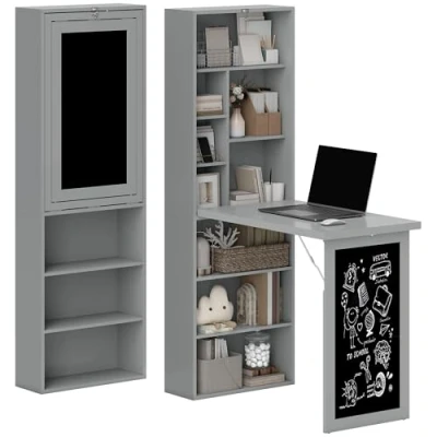 Image de Bureau avec rangement HOMCOM pliable murale rabattable bibliothèque poste de travail tableau à craie et étagère réglable