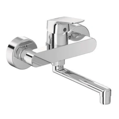Image de Ideal Standard Mitigeur de cuisine Cerafflex Saillie 200 mm Pour montage mural, bec orientable, raccords en S réglables Diamètre 38 Pivote à 100 Surface chromée